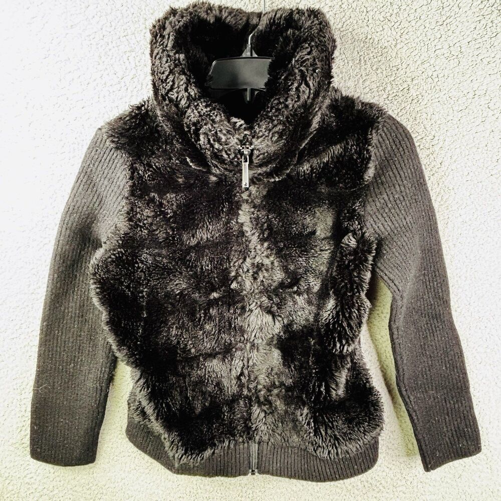 White House Black Market Jacket Womens M Black Wool Blend Faux Fur Full Zip